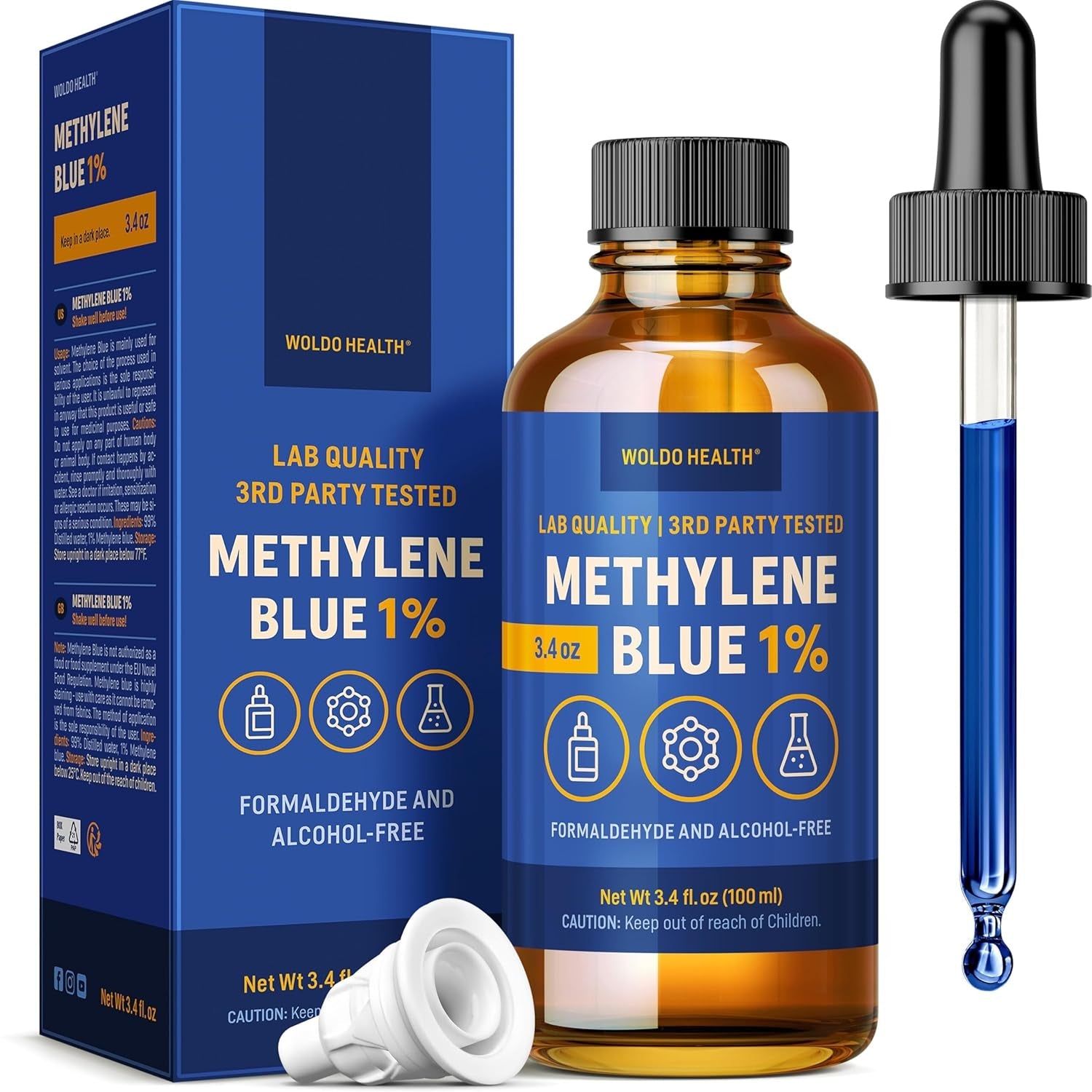 Methylene Blue 1% Solution - USP Grade for Lab & Technical Use - Amber Glass Bottle, 3.4oz - Vitamen Store
