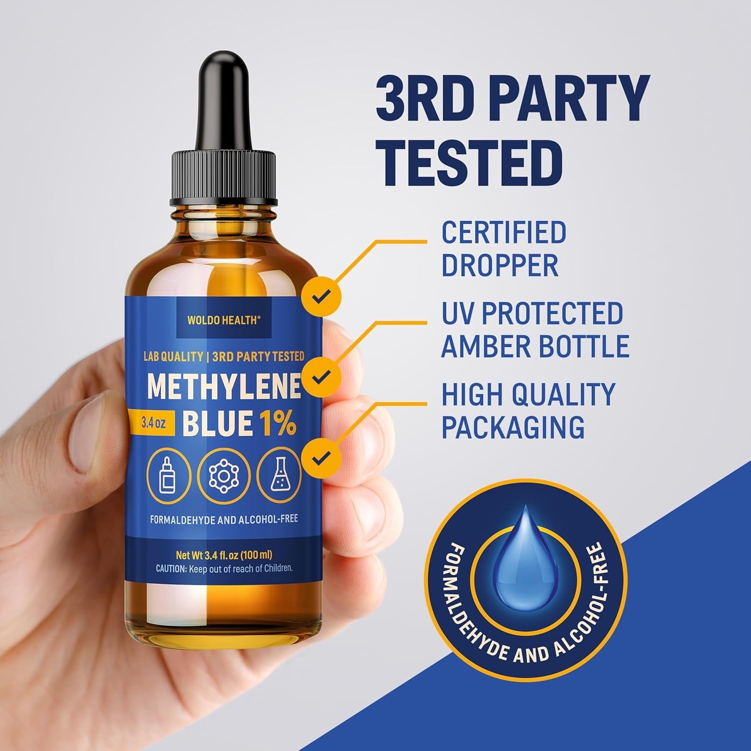 Methylene Blue 1% Solution - USP Grade for Lab & Technical Use - Amber Glass Bottle, 3.4oz - Vitamen Store