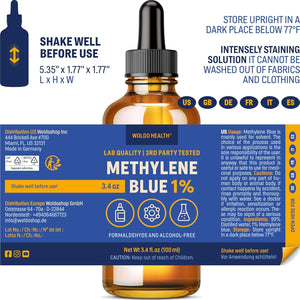 Methylene Blue 1% Solution - USP Grade for Lab & Technical Use - Amber Glass Bottle, 3.4oz - Vitamen Store