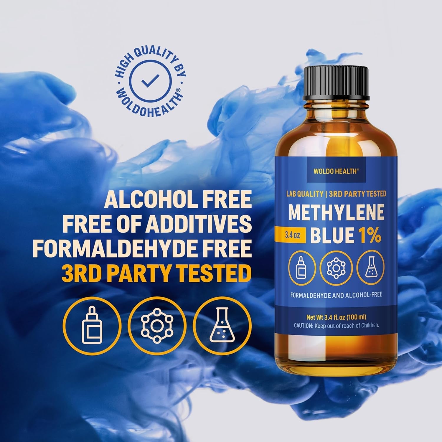 Methylene Blue 1% Solution - USP Grade for Lab & Technical Use - Amber Glass Bottle, 3.4oz - Vitamen Store