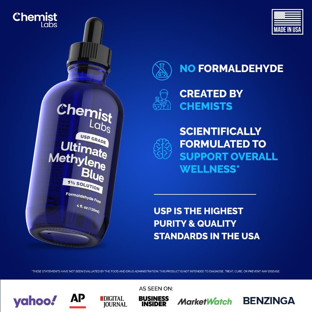 Methylene Blue 1% Solution - USP - Grade Liquid Drops - 4oz (120ml) - Made in USA - Vitamen Store