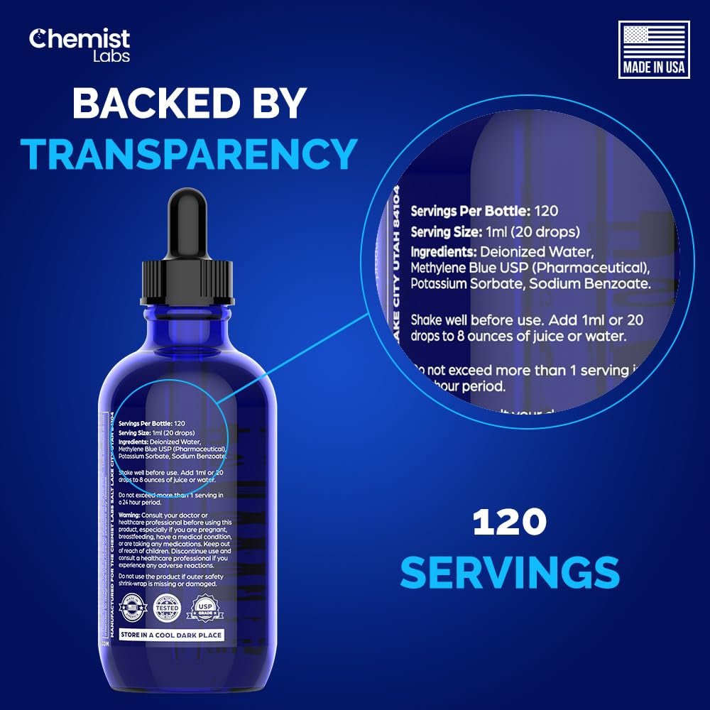 Methylene Blue 1% Solution - USP - Grade Liquid Drops - 4oz (120ml) - Made in USA - Vitamen Store