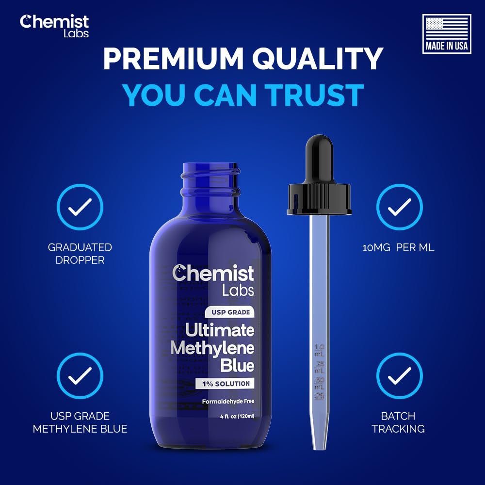 Methylene Blue 1% Solution - USP - Grade Liquid Drops - 4oz (120ml) - Made in USA - Vitamen Store