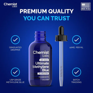 Methylene Blue 1% Solution - USP - Grade Liquid Drops - 4oz (120ml) - Made in USA - Vitamen Store