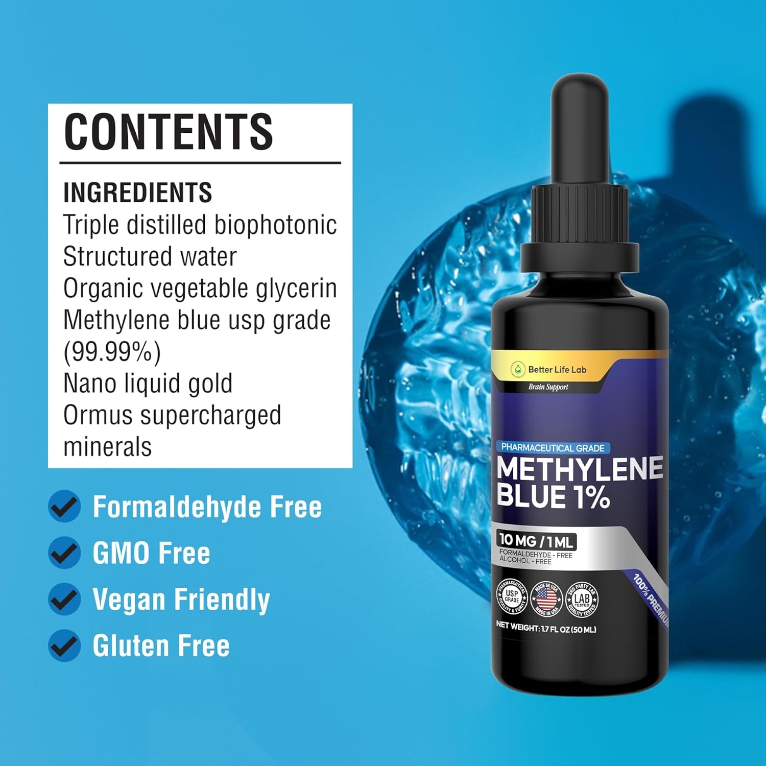 Methylene Blue 1% Solution with Dropper - Made in USA - 50ml Bottle - Vitamen Store