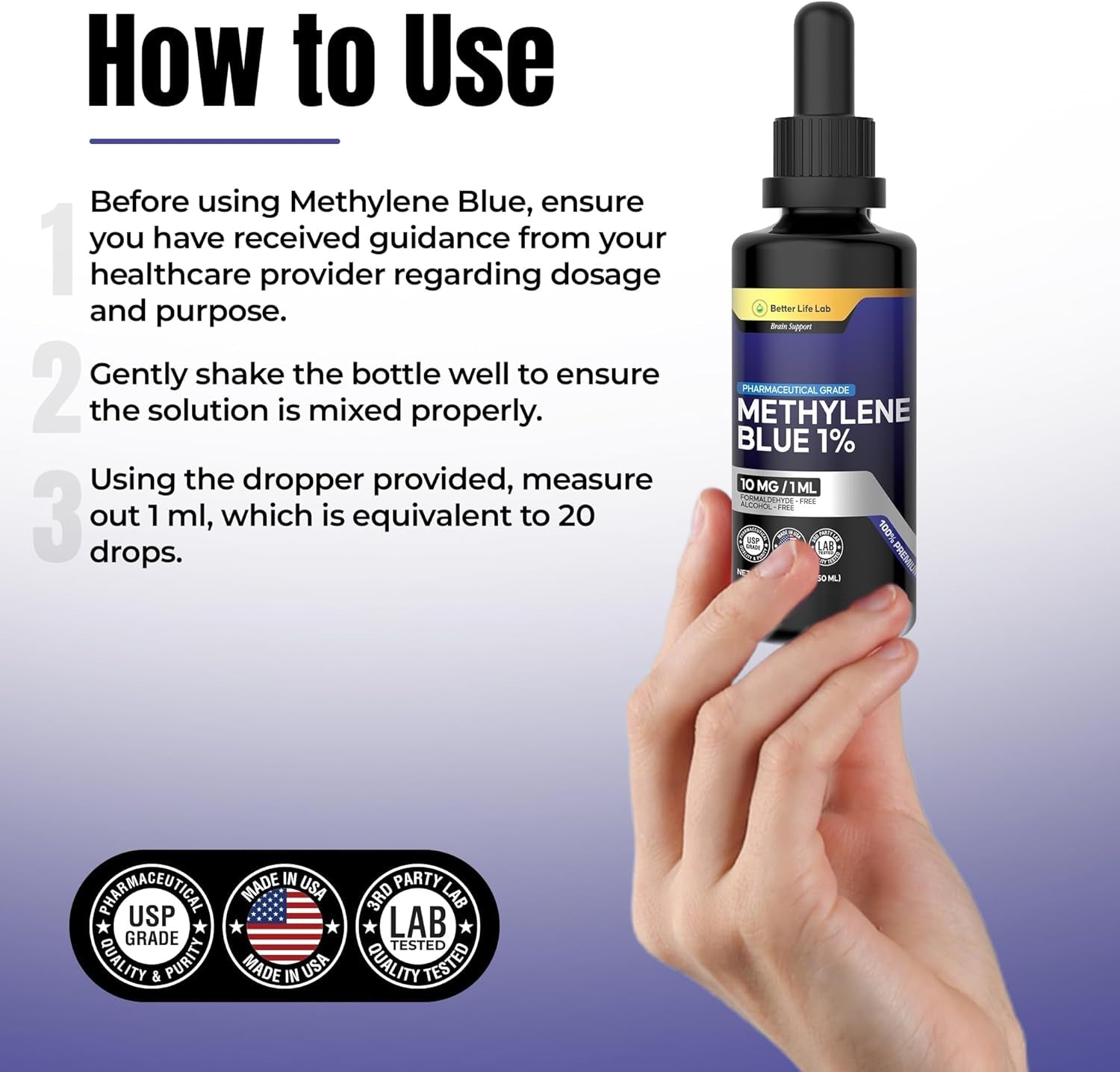 Methylene Blue 1% Solution with Dropper - Made in USA - 50ml Bottle - Vitamen Store