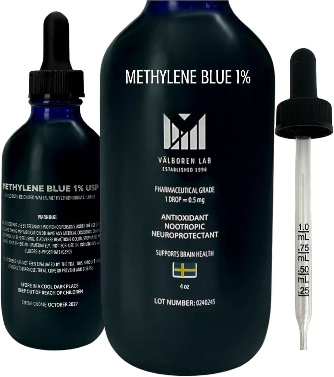 Methylene Blue Pharmaceutical Grade - Third Party Tested - Formaldehyde & Alcohol - Free - Methylene Blue 1% for Humans - USP Grade Brain Health Dietary Supplement - Made in USA (118ML Bottle) - Vitamen Store