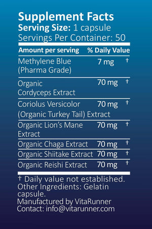 Methylene Blue (USP Grade) 1 Bottle 50 Capsules, with Mushroom Extracts: Lion'S Mane, Reishi, Cordyceps, Chaga, Shiitake, Turkey Tail - Vitamen Store