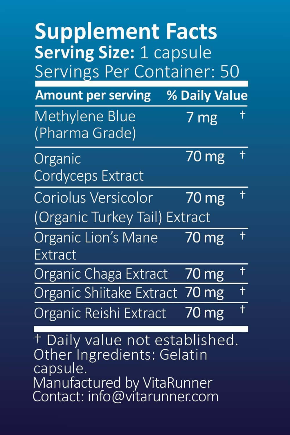 Methylene Blue (USP Grade) 1 Bottle 50 Capsules, with Mushroom Extracts: Lion'S Mane, Reishi, Cordyceps, Chaga, Shiitake, Turkey Tail - Vitamen Store