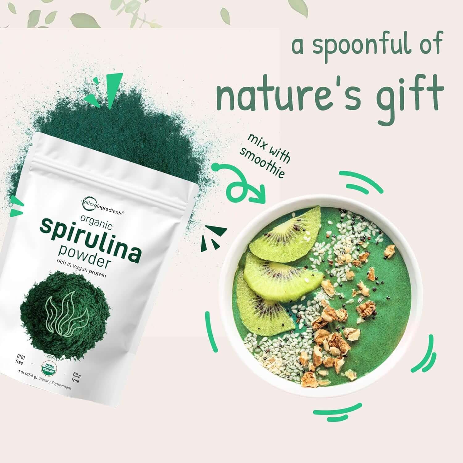 Micro Ingredients Organic Spirulina Powder – 16 oz Raw Arthrospira Platensis, 70% Vegan Protein, Rich in Minerals & Vitamins – Non‑GMO & Non‑Irradiated - Vitamen Store