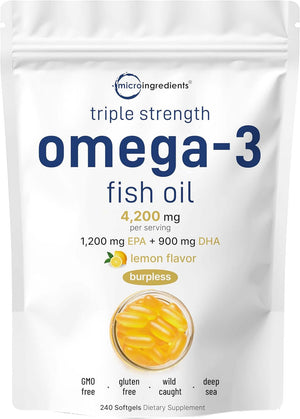 Micro Ingredients Triple Strength Omega 3 Fish Oil Supplements 4200Mg per Serving, 240 Softgels – Lemon Flavored – Burpless | EPA 1200Mg + DHA 900Mg | Deep Sea Fish. - Vitamen Store