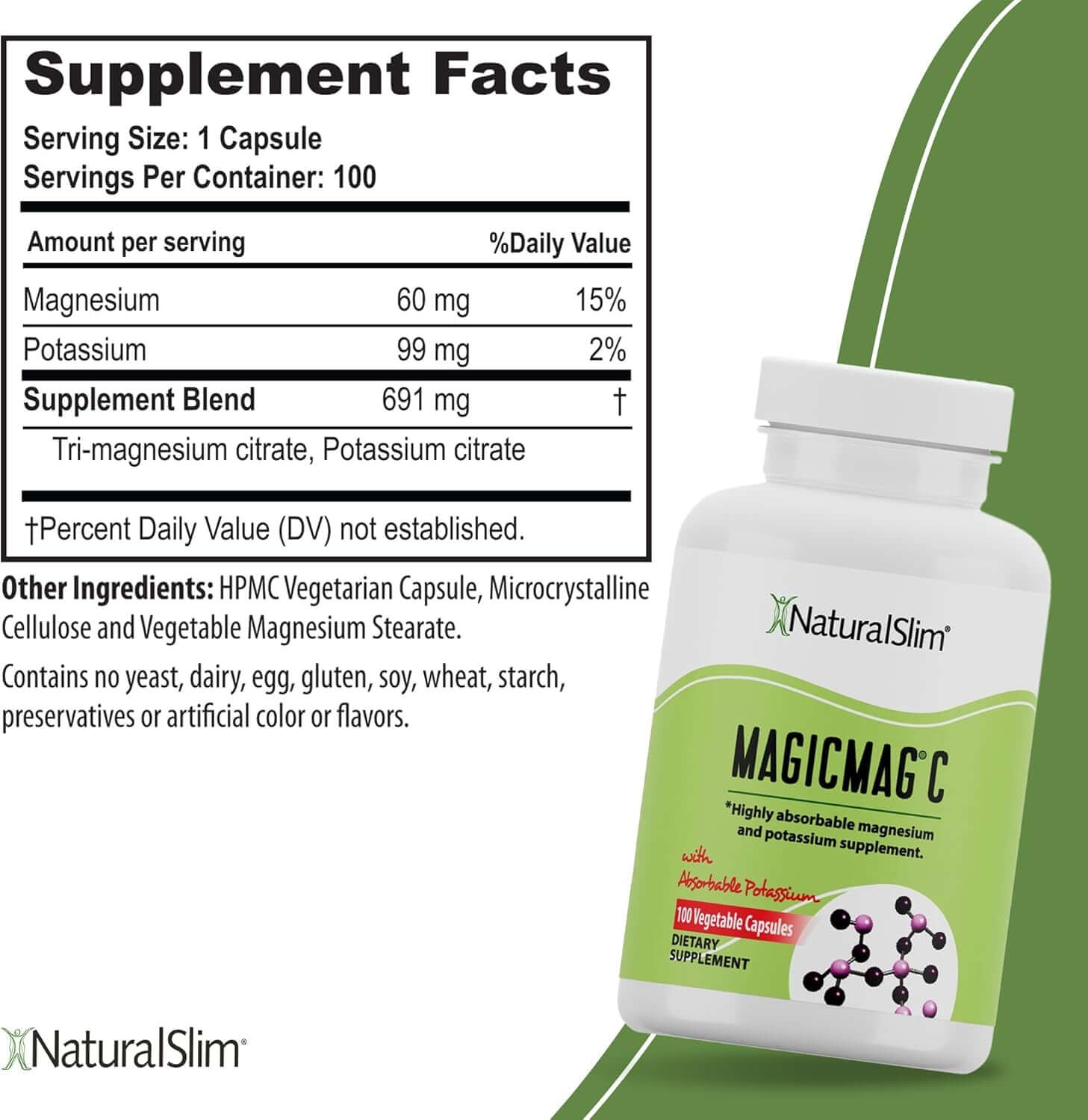 Naturalslim Potassium Magnesium Supplement 100 Capsules – Magicmag C Magnesium Citrate Supplements for Sleep Support, Heart Health, and Muscle Cramp Relief | Gluten - Free 3 Pack - Vitamen Store