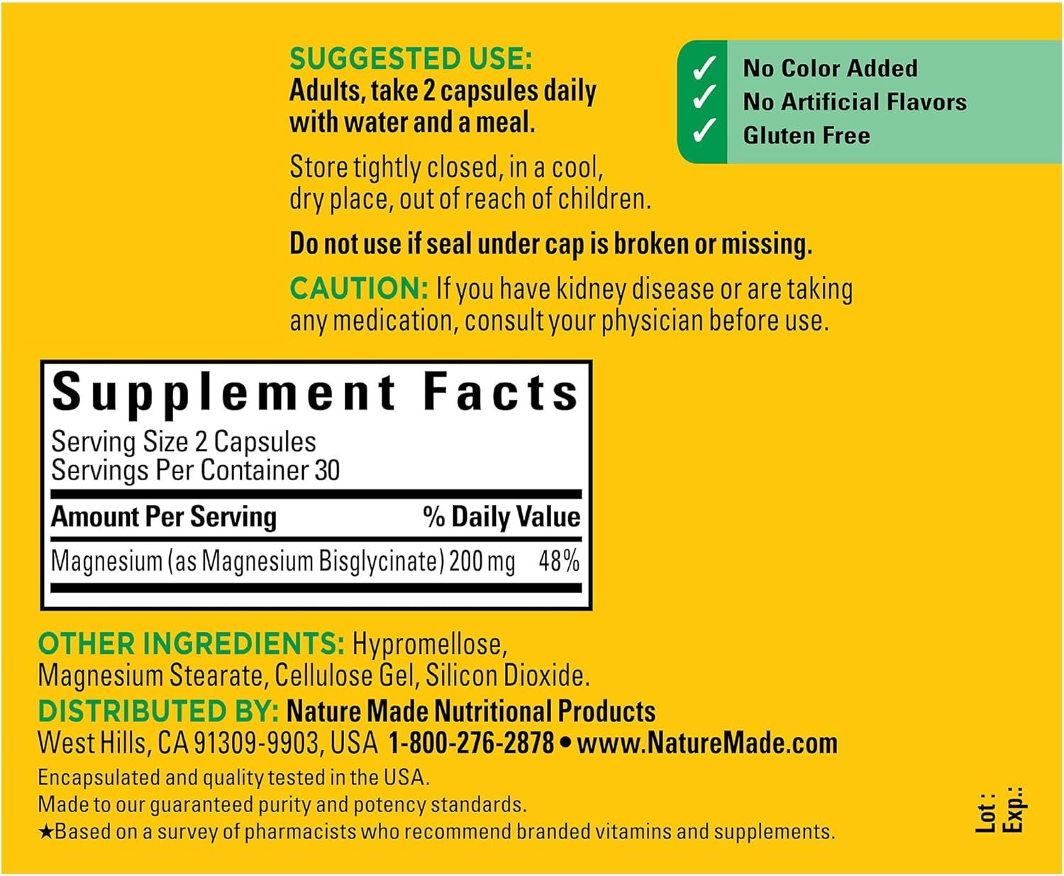 Nature Made Magnesium Glycinate 200 Mg per Serving, Magnesium Supplement for Muscle, Heart, Nerve and Bone Support, 60 Magnesium Bisglycinate Capsules, 30 Day Supply - Vitamen Store