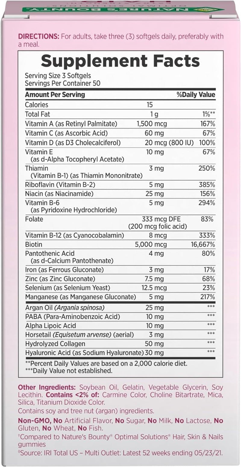 Nature's Bounty Advanced Hair, Skin & Nails – Argan - Infused Supplement with Biotin and Hyaluronic Acid – 150 Rapid Release Softgels (50 Servings) - Vitamen Store