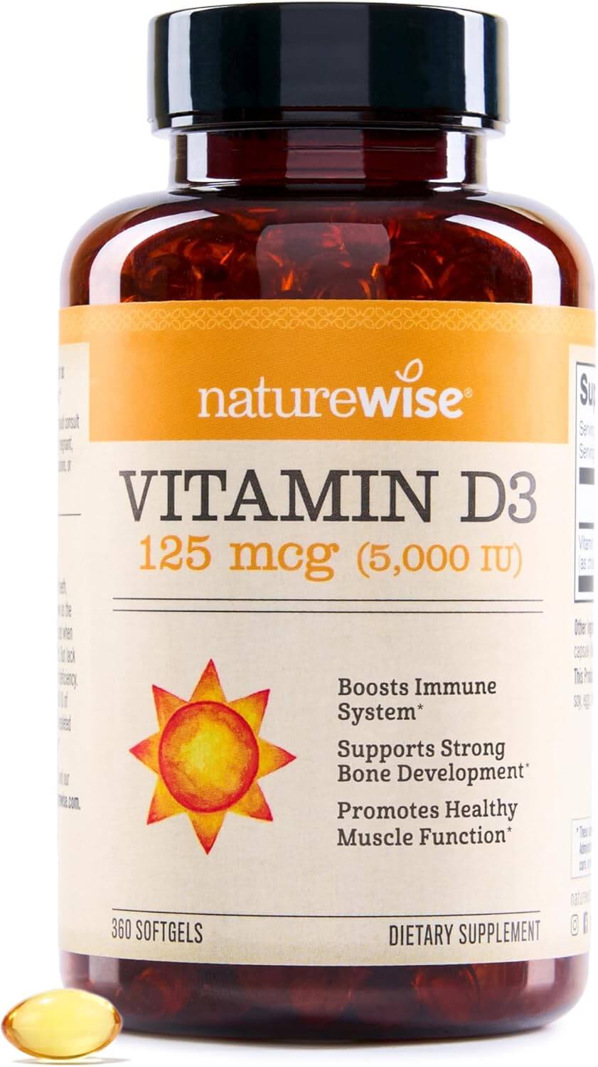 Naturewise Vitamin D3 5000Iu (125 Mcg) 1 Year Supply for Immune Support, Healthy Muscle Function, and Bone Health - Non - Gmo, Gluten Free in Organic Extra Virgin Olive Oil, (Mini Softgel), 360 Count - Vitamen Store