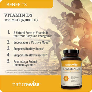 Naturewise Vitamin D3 5000Iu (125 Mcg) 1 Year Supply for Immune Support, Healthy Muscle Function, and Bone Health - Non - Gmo, Gluten Free in Organic Extra Virgin Olive Oil, (Mini Softgel), 360 Count - Vitamen Store