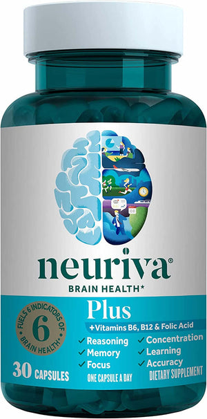 NEURIVA plus Brain Supplement for Memory and Focus Clinically Tested Nootropics for Concentration for Mental Clarity, Cognitive Enhancement Vitamins B6, B12, Phosphatidylserine 30 Capsules - Vitamen Store