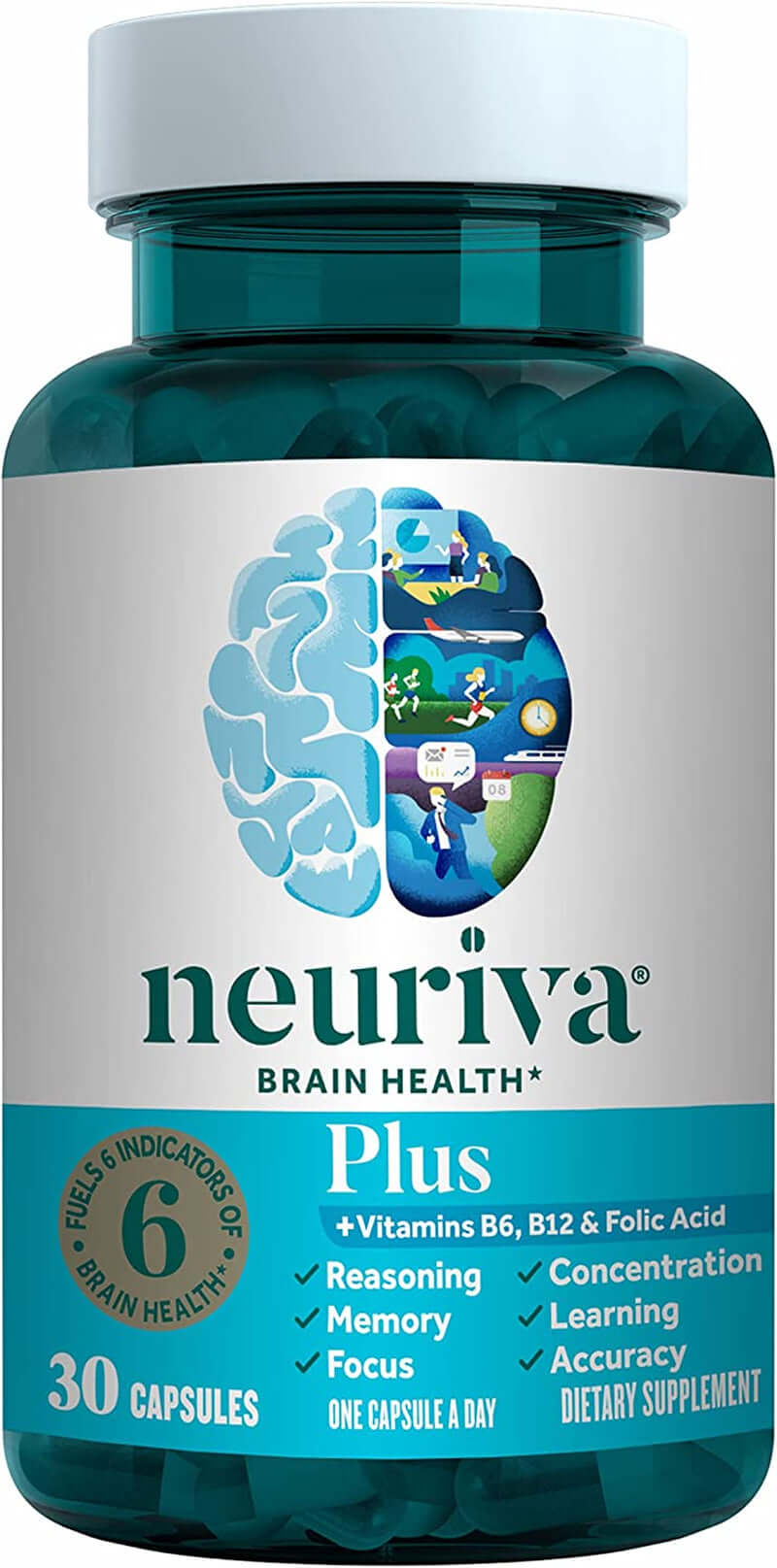 NEURIVA plus Brain Supplement for Memory and Focus Clinically Tested Nootropics for Concentration for Mental Clarity, Cognitive Enhancement Vitamins B6, B12, Phosphatidylserine 30 Capsules - Vitamen Store