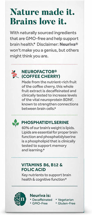 NEURIVA plus Brain Supplement for Memory and Focus Clinically Tested Nootropics for Concentration for Mental Clarity, Cognitive Enhancement Vitamins B6, B12, Phosphatidylserine 30 Capsules - Vitamen Store
