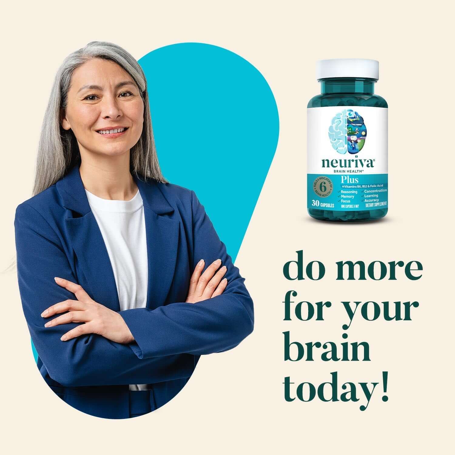 NEURIVA plus Brain Supplement for Memory and Focus Clinically Tested Nootropics for Concentration for Mental Clarity, Cognitive Enhancement Vitamins B6, B12, Phosphatidylserine 30 Capsules - Vitamen Store