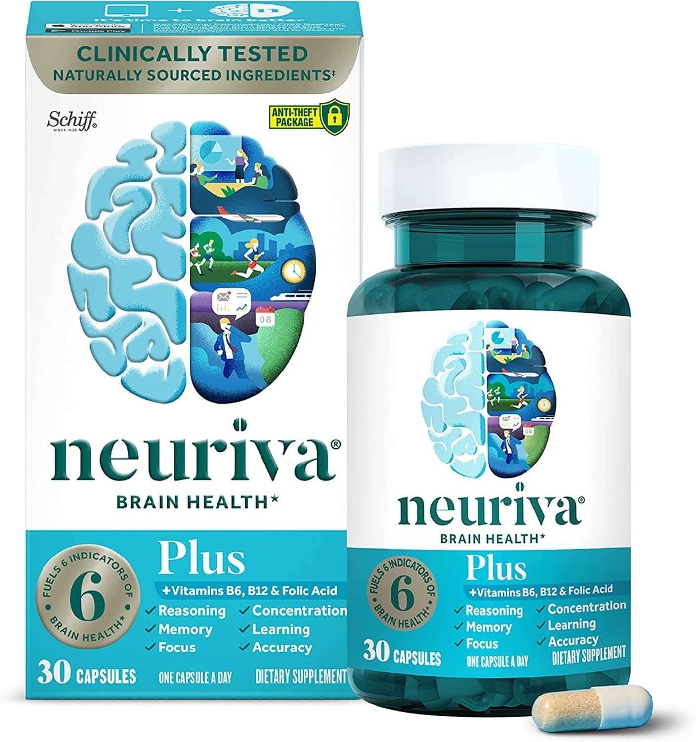 NEURIVA plus Brain Supplement for Memory and Focus Clinically Tested Nootropics for Concentration for Mental Clarity, Cognitive Enhancement Vitamins B6, B12, Phosphatidylserine 30 Capsules - Vitamen Store