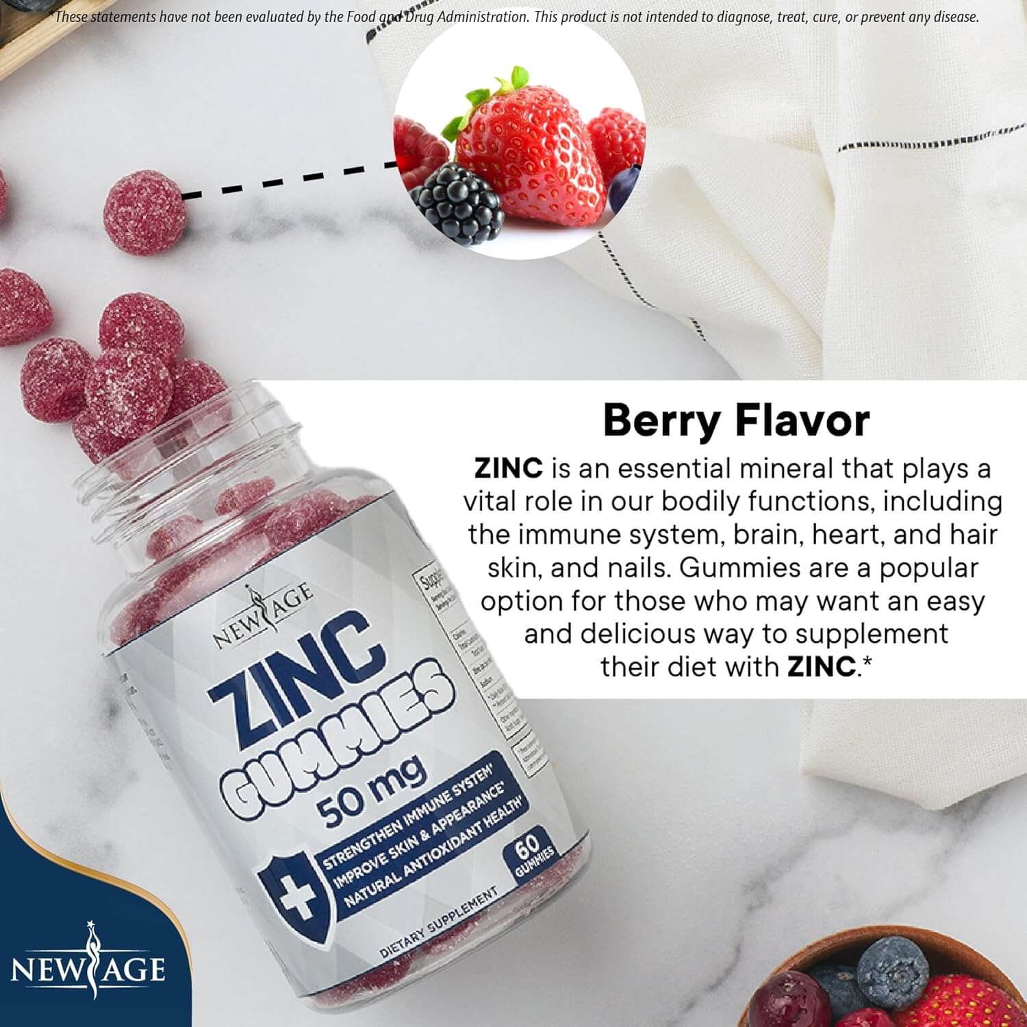 NEW AGE Zinc Gummies – 50mg Zinc Supplement – 2 Pack, 120 Gummies – Non - GMO - Vitamen Store