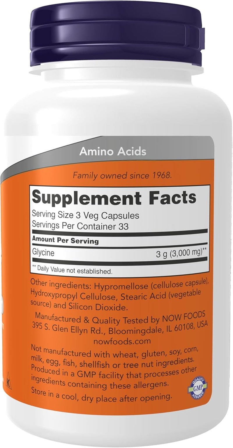 NOW Foods Glycine 1000 mg – Free - Form – 100 Vegetarian Capsules - Vitamen Store