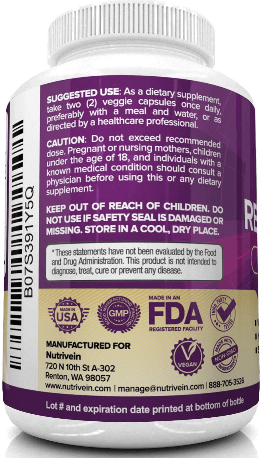 Nutrivein Resveratrol 1450mg – Antioxidant Supplement, 120 Capsules – With Trans - Resveratrol, Green Tea Leaf & Acai Berry - Vitamen Store