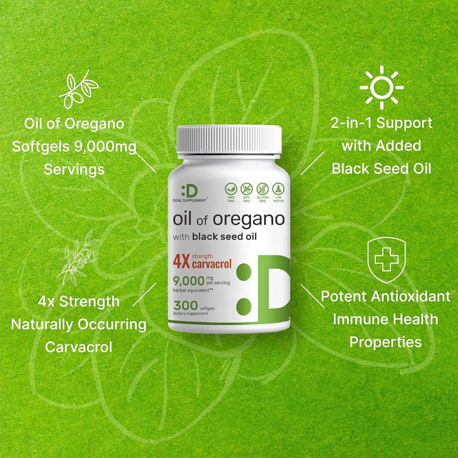 Oil of Oregano Softgels with Black Seed Oil 300 Count – 30:1 Extract, Active Carvacrol & Thymoquinone – Antioxidant Immune Health Support – Plant Based, Non - Gmo - Vitamen Store