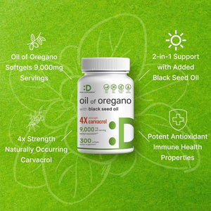 Oil of Oregano Softgels with Black Seed Oil 300 Count – 30:1 Extract, Active Carvacrol & Thymoquinone – Antioxidant Immune Health Support – Plant Based, Non - Gmo - Vitamen Store
