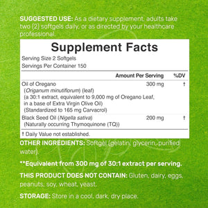 Oil of Oregano Softgels with Black Seed Oil 300 Count – 30:1 Extract, Active Carvacrol & Thymoquinone – Antioxidant Immune Health Support – Plant Based, Non - Gmo - Vitamen Store