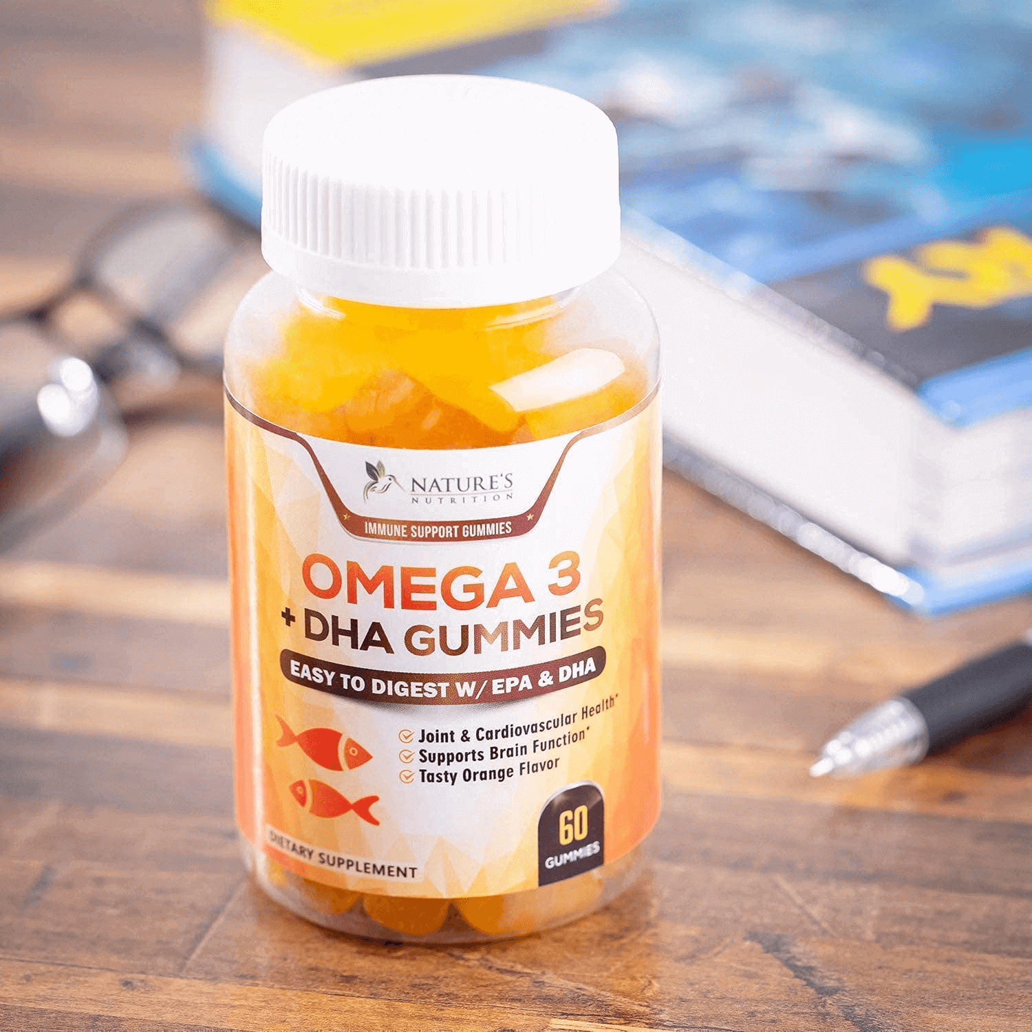 Omega 3 Fish Oil Gummies Tasty Natural Orange Flavor Extra Strength Dha & Epa - Natural Brain Support and Joints Support, Delicious Gummy Vitamin for Men & Women - 120 Gummies - Vitamen Store