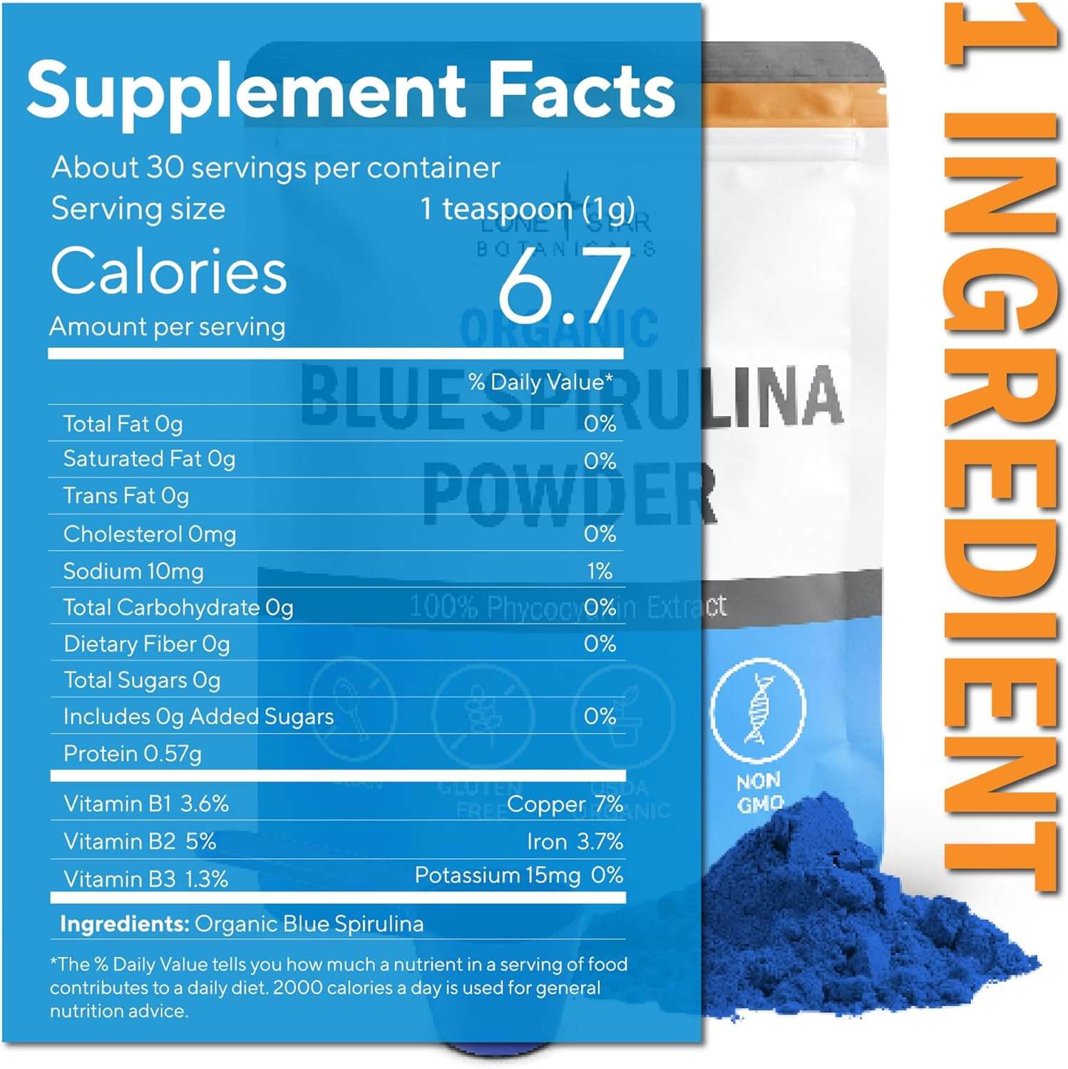 Organic Blue Spirulina Powder – 100% Pure Blue - Green Algae, No Fishy Smell – Natural Food Coloring for Smoothies & Protein Drinks – USDA Certified, Non - GMO, Gluten - Free, Vegan – 60 Servings - Vitamen Store