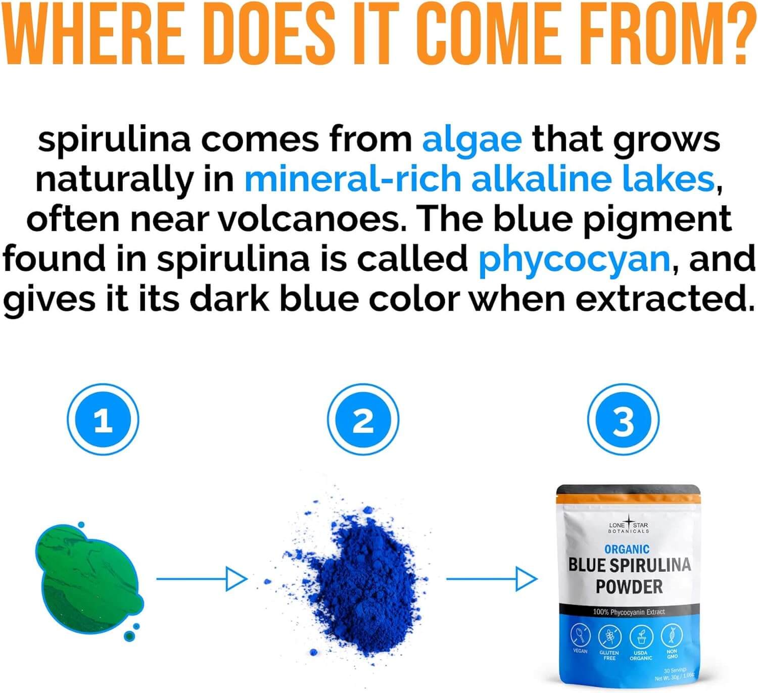 Organic Blue Spirulina Powder – 100% Pure Blue - Green Algae, No Fishy Smell – Natural Food Coloring for Smoothies & Protein Drinks – USDA Certified, Non - GMO, Gluten - Free, Vegan – 60 Servings - Vitamen Store