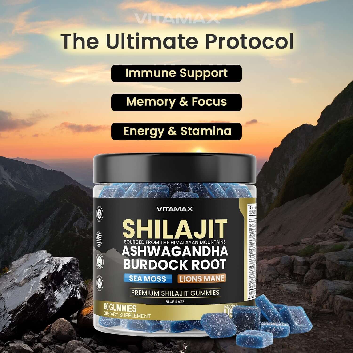 Organic Shilajit Gummies, Sea Moss, Ashwagandha, 105+ Trace Minerals – Organic Burdock Root & Lions Mane Mushroom - Blue Razz – Vegan & Non - Gmo – Made in USA – 60Ct - Vitamen Store