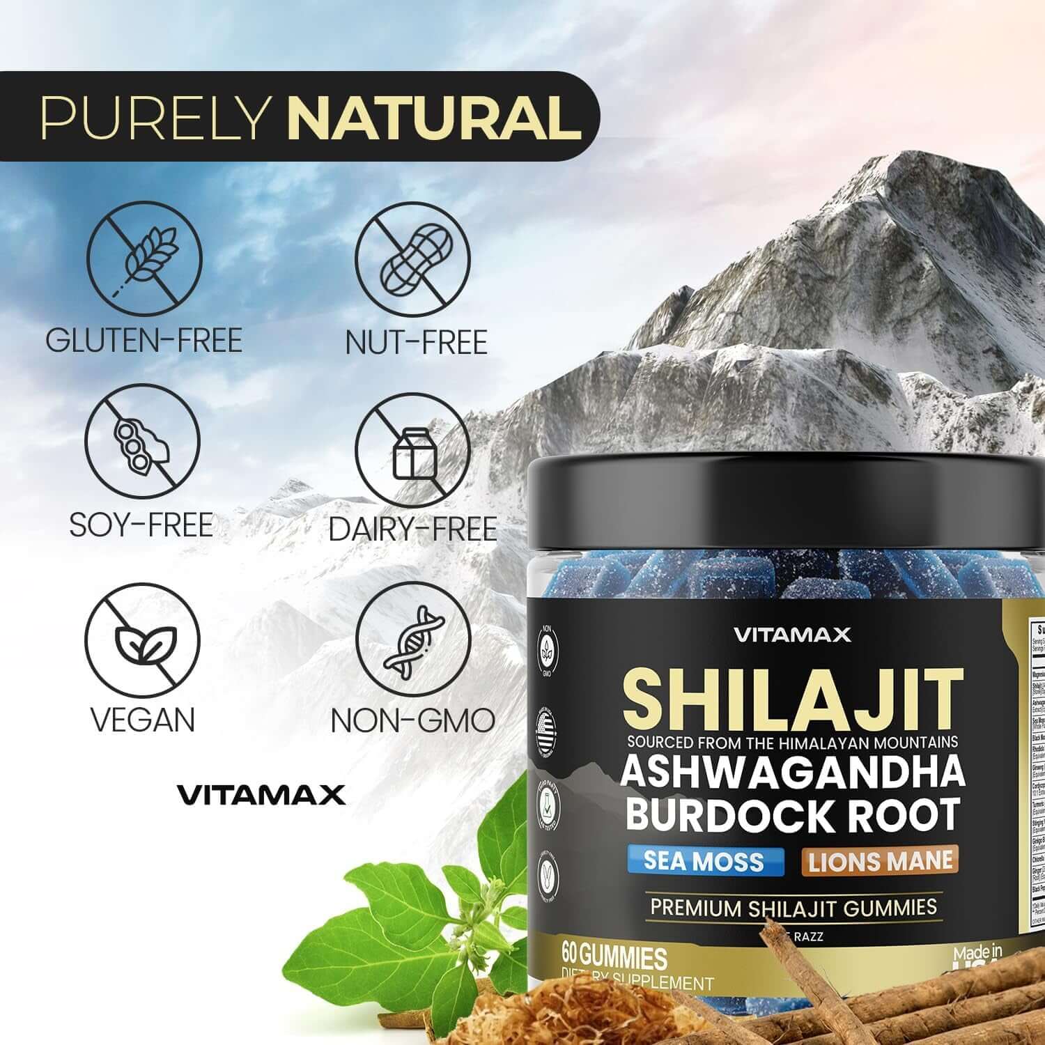 Organic Shilajit Gummies, Sea Moss, Ashwagandha, 105+ Trace Minerals – Organic Burdock Root & Lions Mane Mushroom - Blue Razz – Vegan & Non - Gmo – Made in USA – 60Ct - Vitamen Store