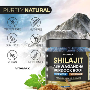 Organic Shilajit Gummies, Sea Moss, Ashwagandha, 105+ Trace Minerals – Organic Burdock Root & Lions Mane Mushroom - Blue Razz – Vegan & Non - Gmo – Made in USA – 60Ct - Vitamen Store