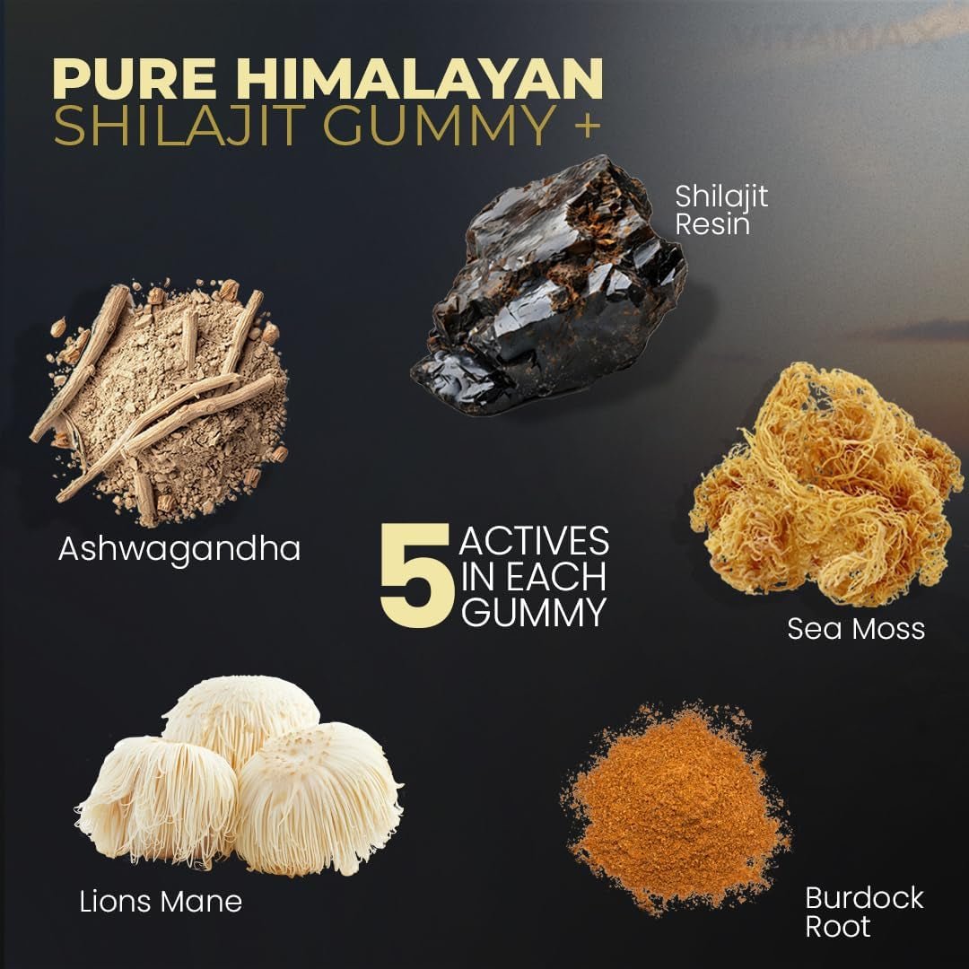 Organic Shilajit Gummies with Sea Moss, Ashwagandha, Burdock Root & Lion's Mane - Watermelon Flavor - Vegan, Non - GMO, USA Made - 60 Count - Vitamen Store