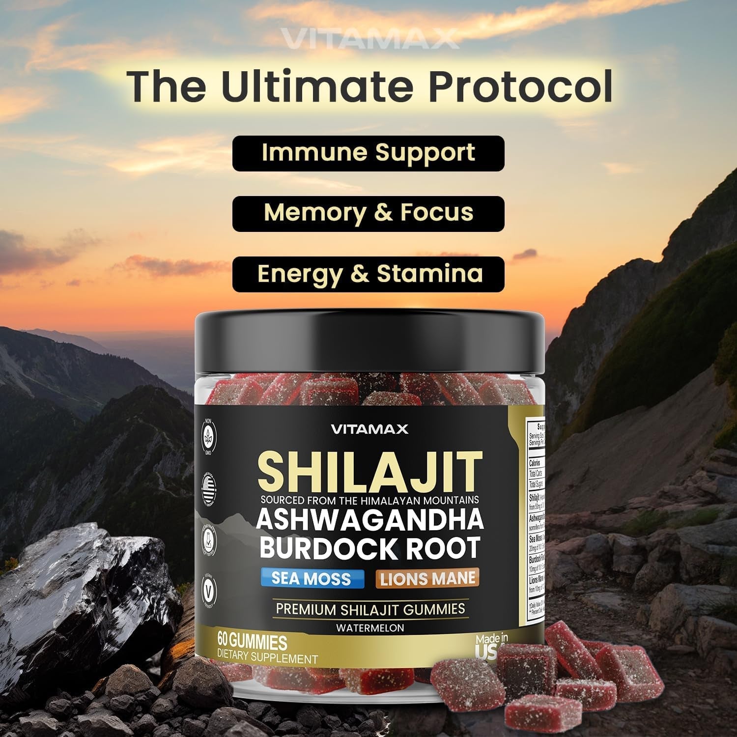 Organic Shilajit Gummies with Sea Moss, Ashwagandha, Burdock Root & Lion's Mane - Watermelon Flavor - Vegan, Non - GMO, USA Made - 60 Count - Vitamen Store