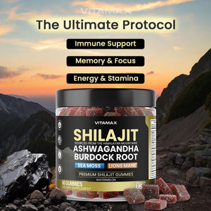 Organic Shilajit Gummies with Sea Moss, Ashwagandha, Burdock Root & Lion's Mane - Watermelon Flavor - Vegan, Non - GMO, USA Made - 60 Count - Vitamen Store