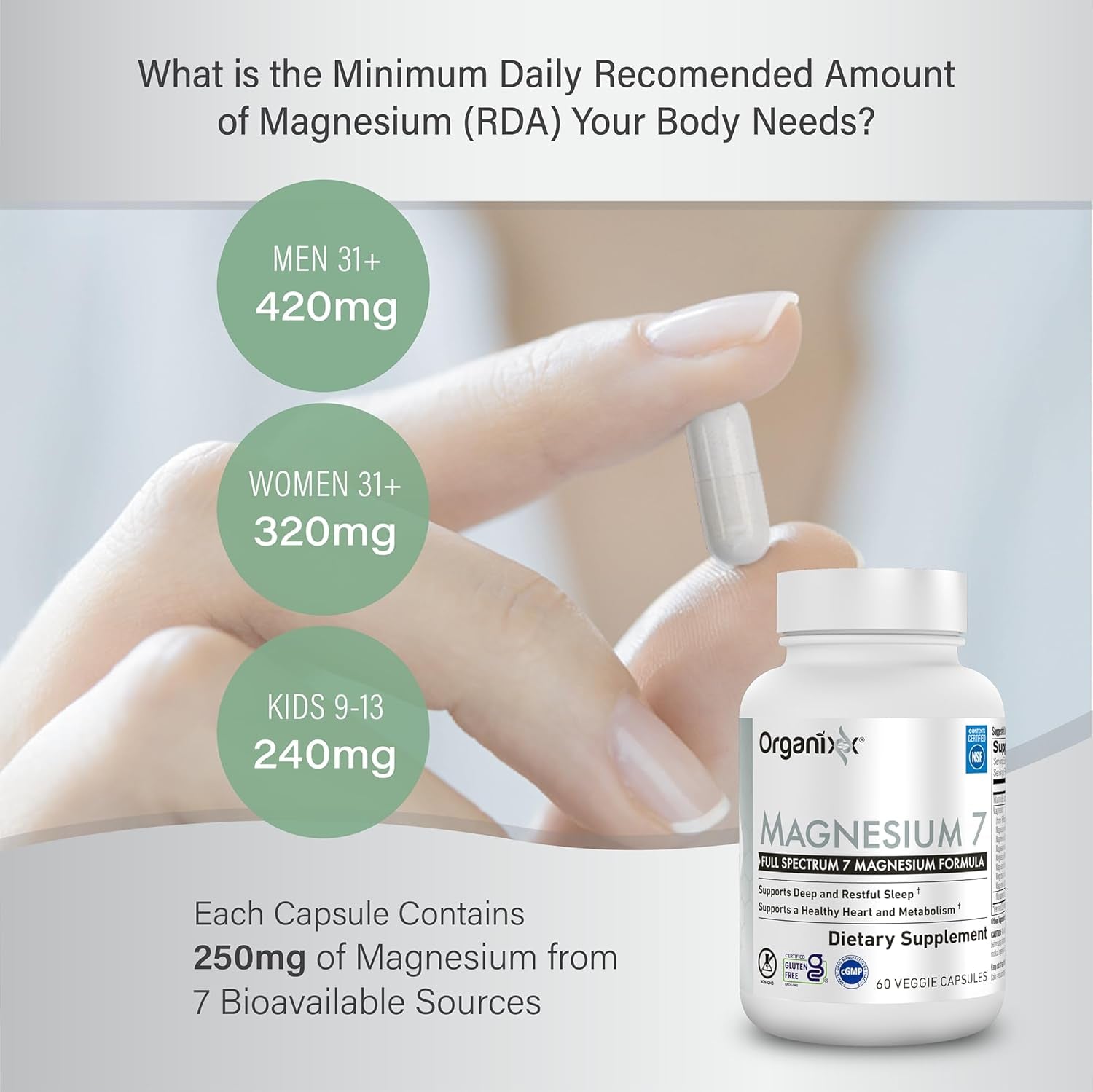 Organixx Magnesium Glycinate Supplement – 7 - Type Magnesium Complex with Vitamin B6 and Manganese Citrate – Gluten - Free, Vegan, Non - GMO – 60 Capsules - Vitamen Store