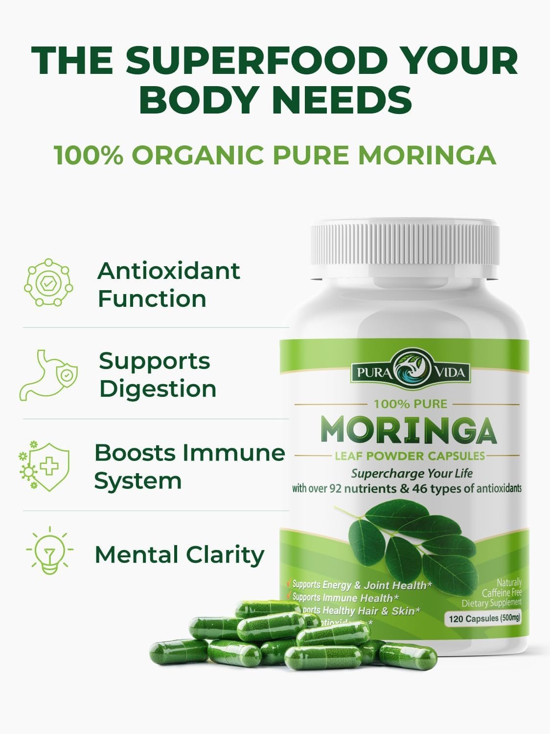 PURA VIDA MORINGA Organic Moringa Leaf Capsules - Single Origin - 500mg - 120 Count - Vitamen Store