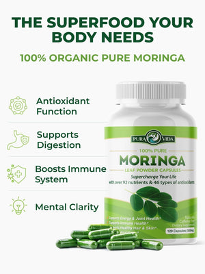 PURA VIDA MORINGA Organic Moringa Leaf Capsules - Single Origin - 500mg - 120 Count - Vitamen Store