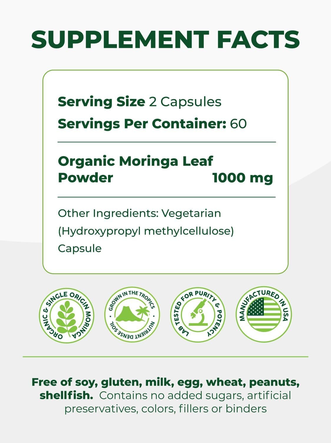 PURA VIDA MORINGA Organic Moringa Leaf Capsules - Single Origin - 500mg - 120 Count - Vitamen Store