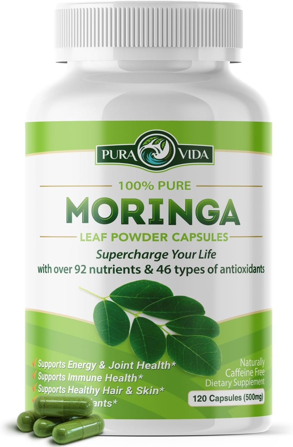 PURA VIDA MORINGA Organic Moringa Leaf Capsules - Single Origin - 500mg - 120 Count - Vitamen Store