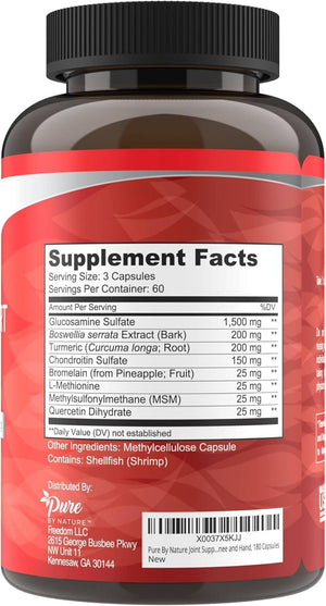 Pure By Nature Glucosamine with Chondroitin Turmeric MMS Boswellia Joint Pain Relief Supplement, 180 Count - Vitamen Store