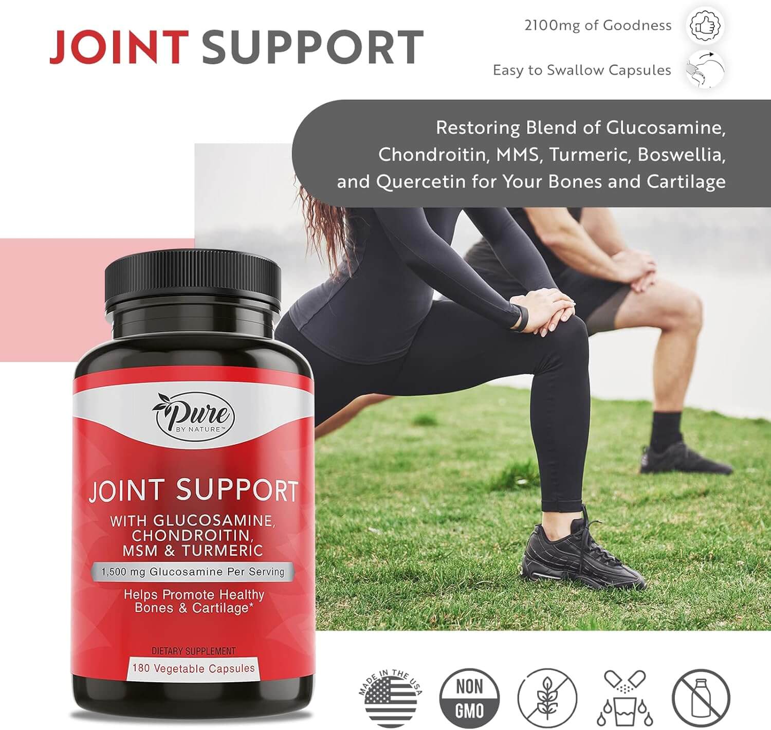 Pure By Nature Glucosamine with Chondroitin Turmeric MMS Boswellia Joint Pain Relief Supplement, 180 Count - Vitamen Store