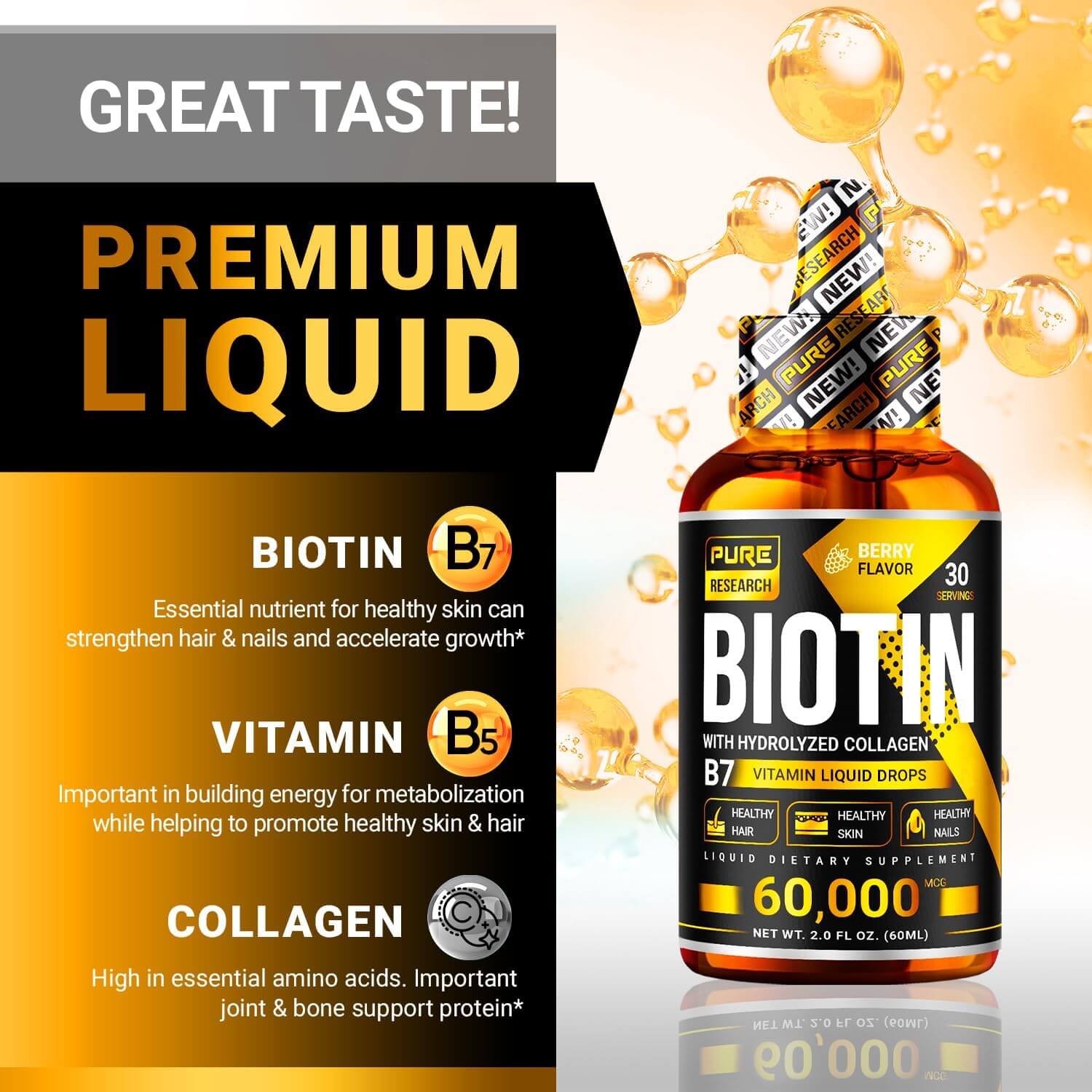 PURE RESEARCH Liquid Biotin & Collagen Drops – 60,000mcg – Supplement for Men & Women – 2oz - Vitamen Store