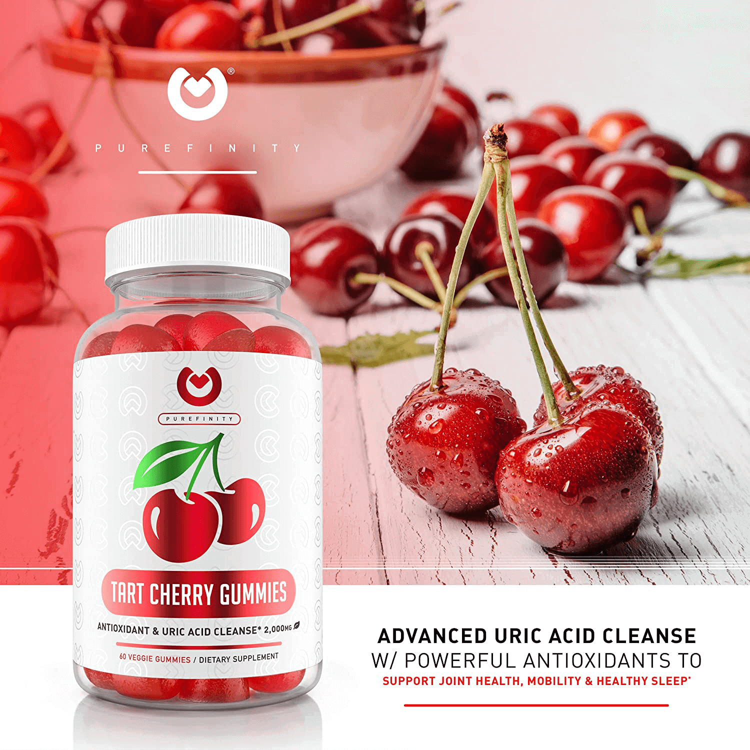Purefinity Tart Cherry Gummies – RawTart Cherry Extract Gummy Alternative to Tart Cherry Capsules, Juice, Pills - Advanced Uric Acid Cleanse, Powerful Antioixidant w/ Joint Support - 60 Vegan Gummies - Vitamen Store