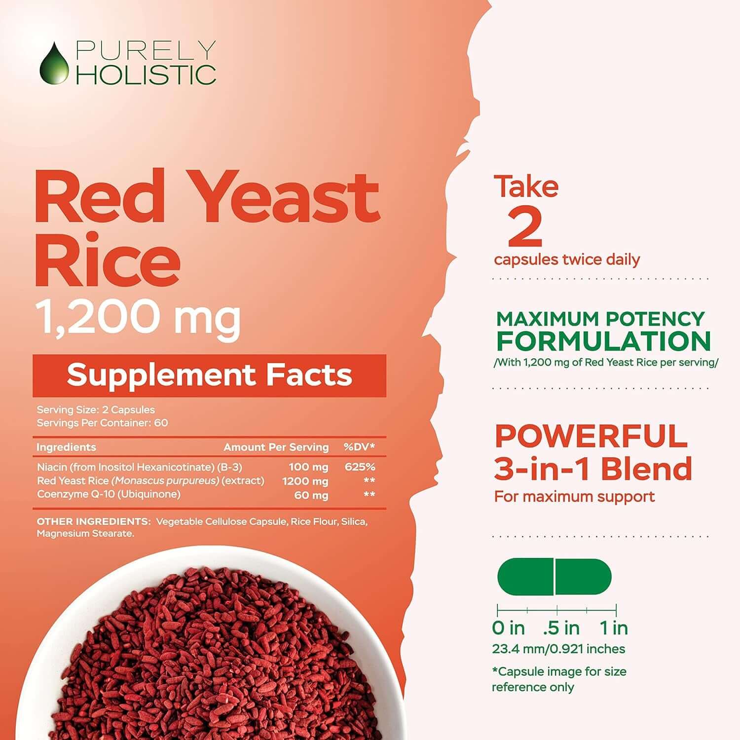 Red Yeast Rice 1200mg with CoQ10 & Flush - Free Niacin – 120 Vegetarian Capsules, Non - Irradiated & Citrinin - Free - Vitamen Store